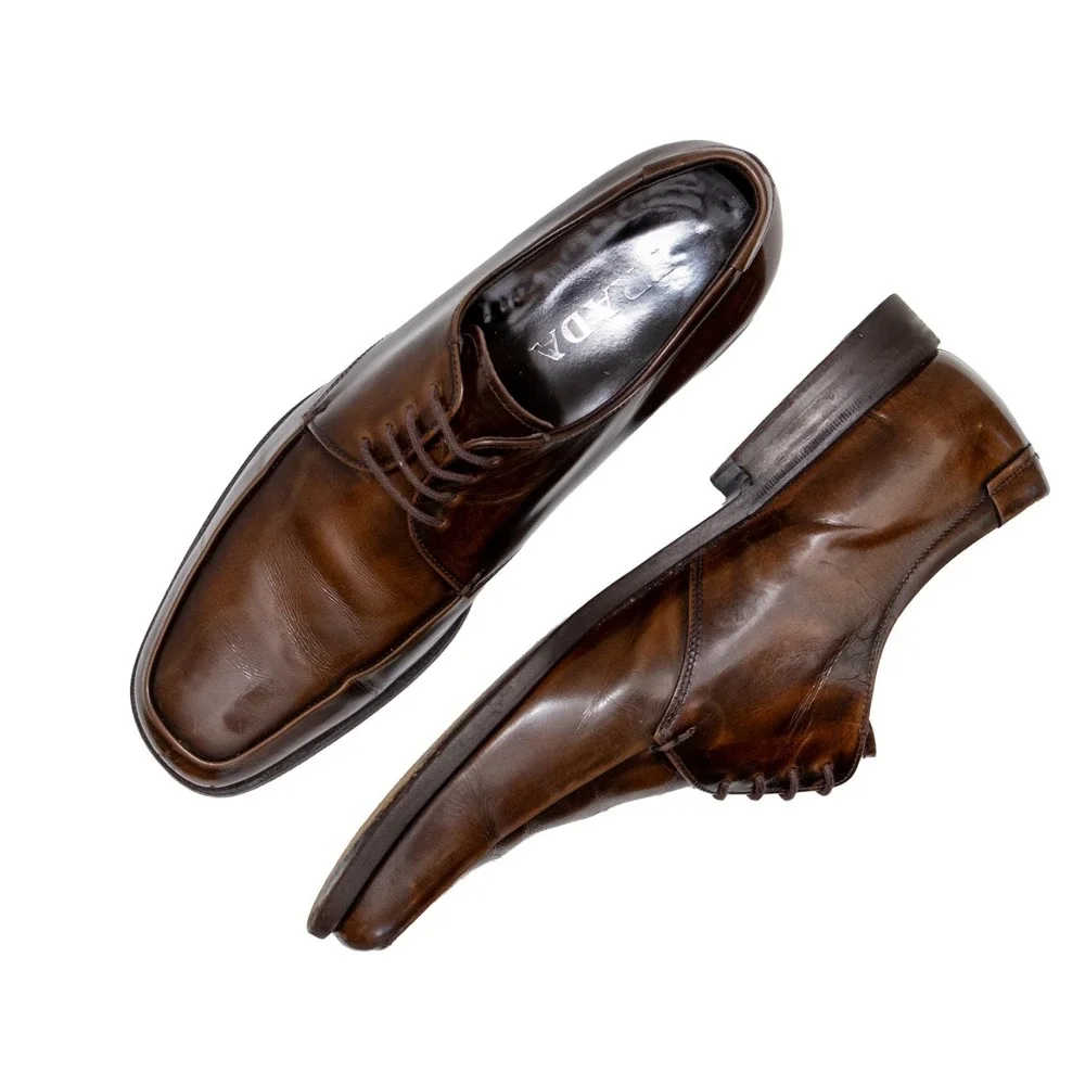 PRADA Brown Polished Leather Square Toe Derby Dress Shoes US‎ 8 UK 7